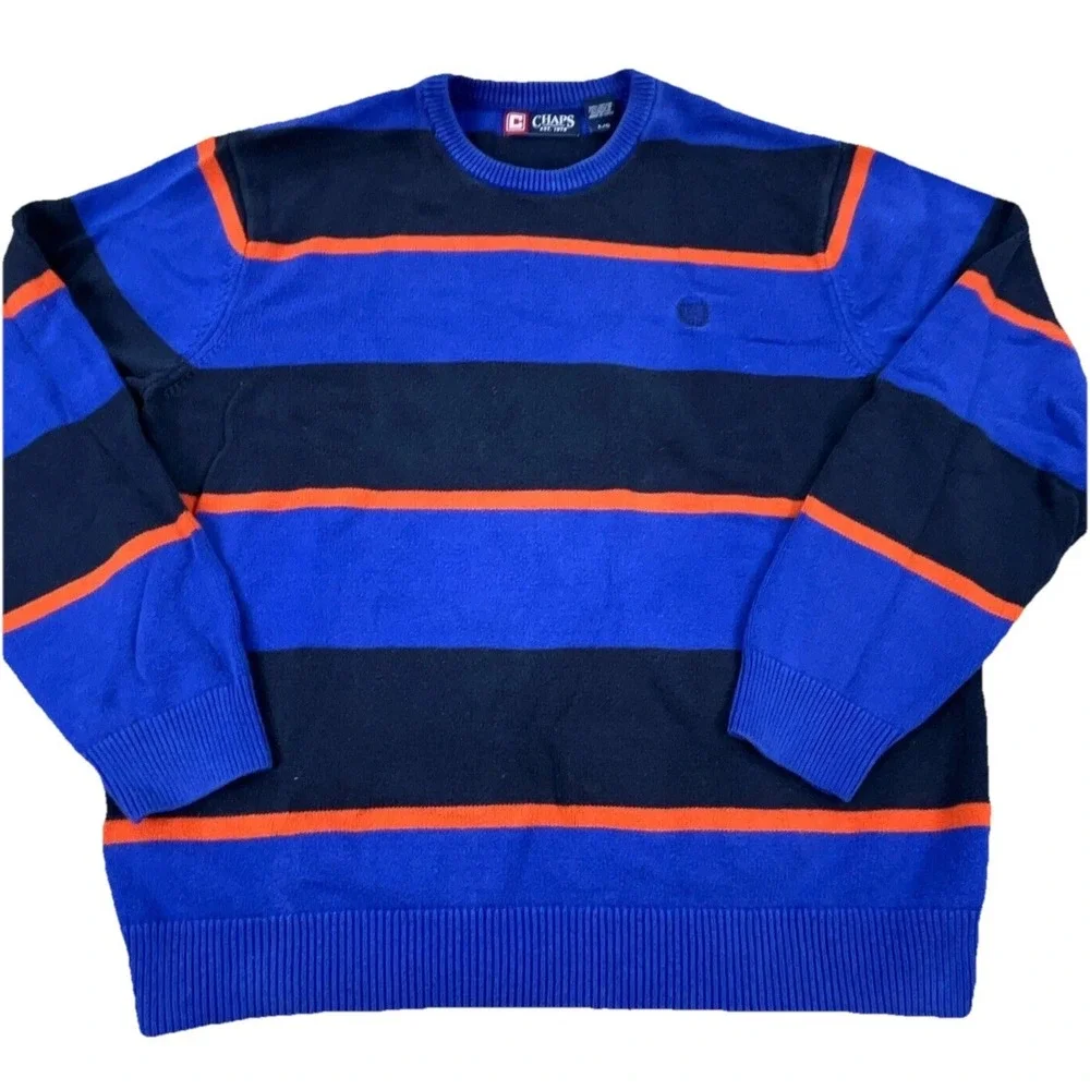 Chaps Sweater Men Large Blue Orange Crew Neck Knit Sweatshirt Colorblock Stripes